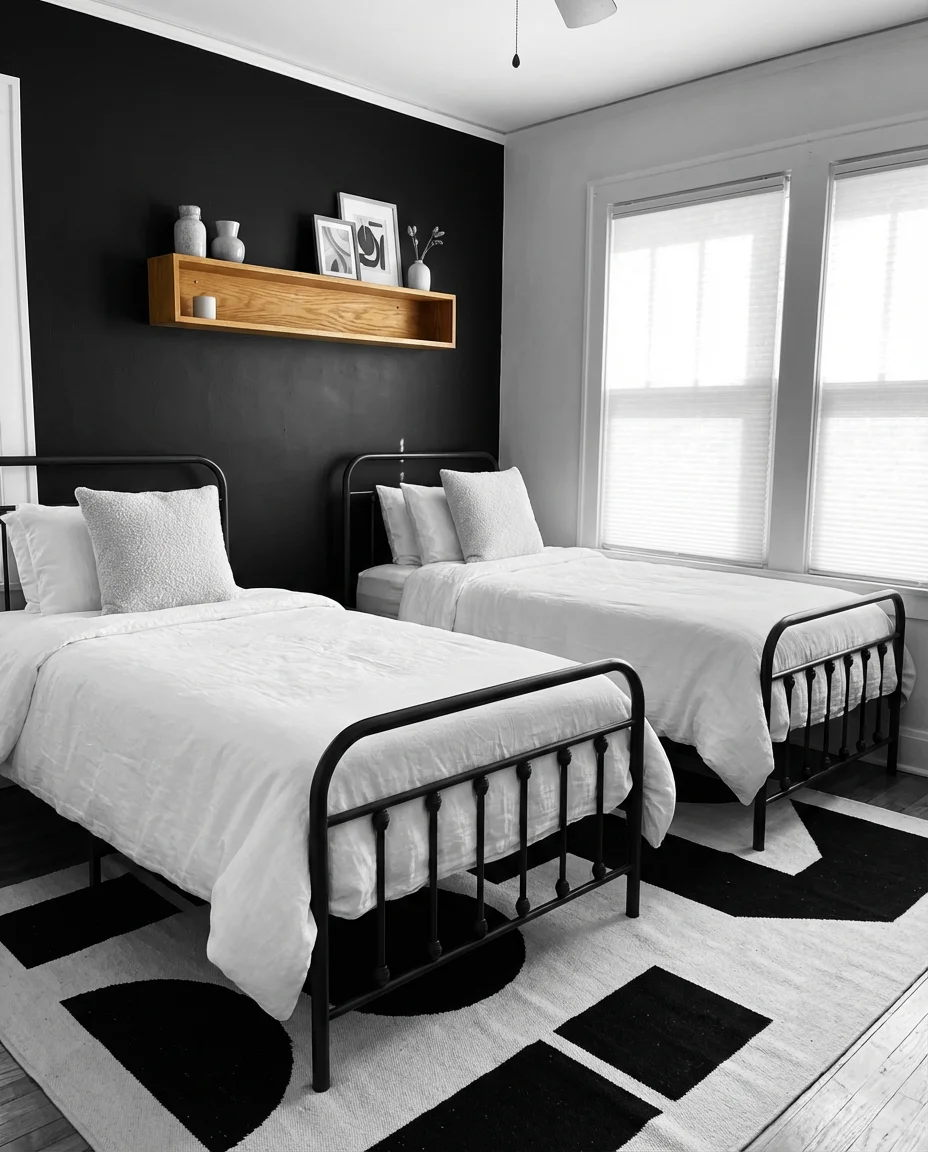 Black and White Twin Bedroom With Graphic Edge 1