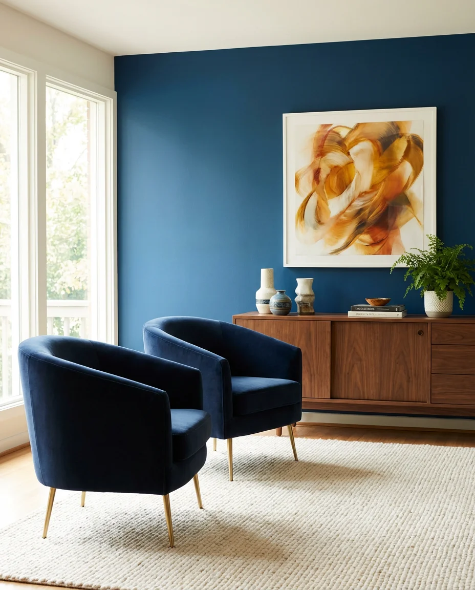 Blue Accent Walls and Blue Velvet Chairs 1