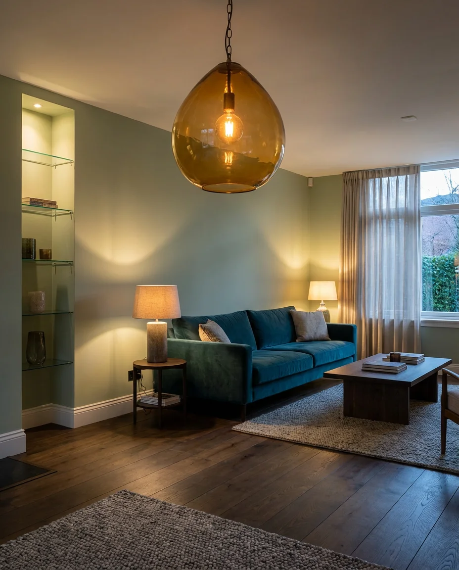 Blue and Green Living Room with Statement Lighting 1