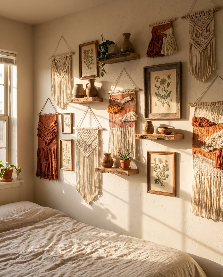 Bohemian Bedroom Wall with Woven Textiles and Art 1