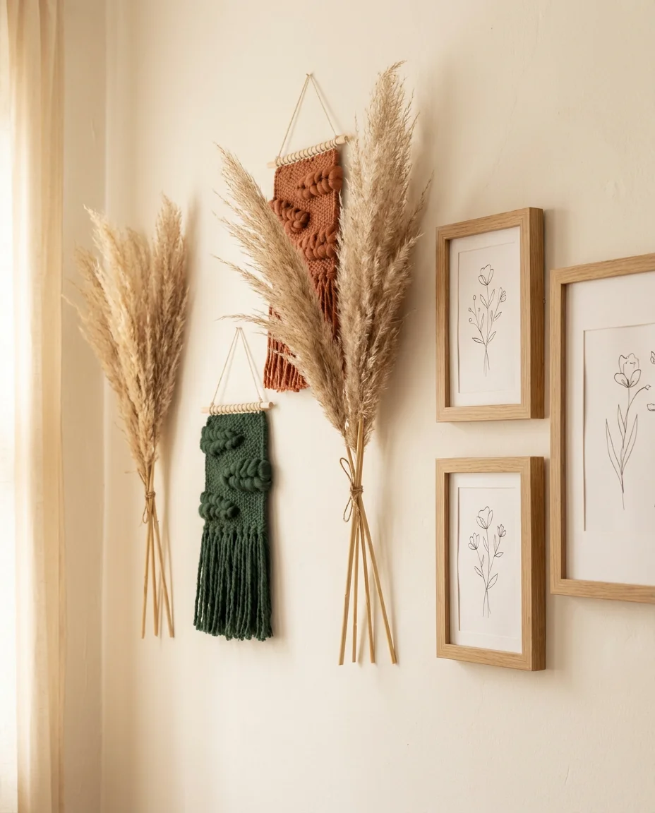 Bohemian Bedroom Wall with Woven Textiles and Art 2