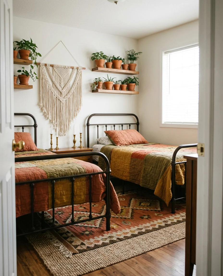 Boho Sisters Bedroom With Warm Earthy Layers 1