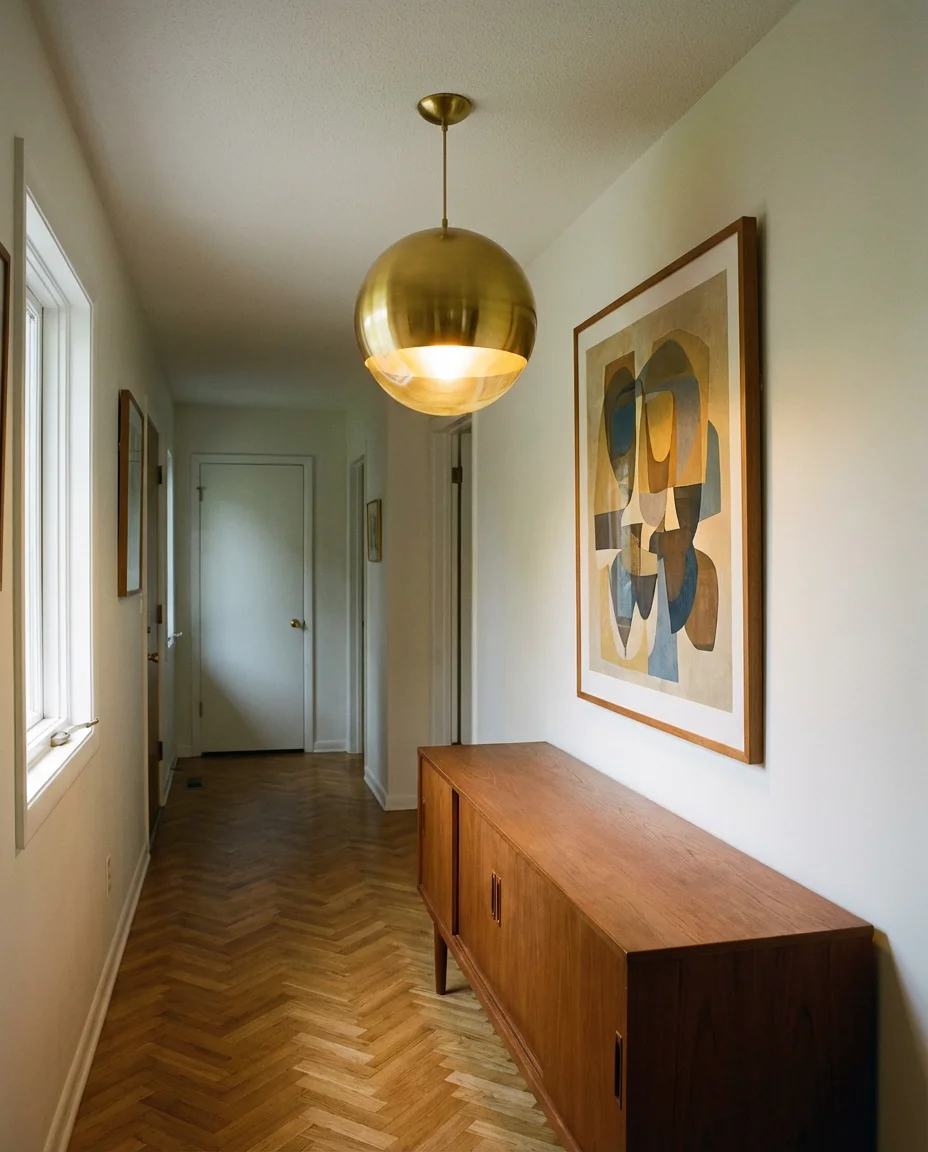 Brass and Globe Lights for Mid-Century Hallways 1