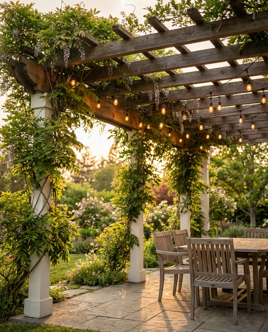 Covered Patio With a Pergola and String Lights 1
