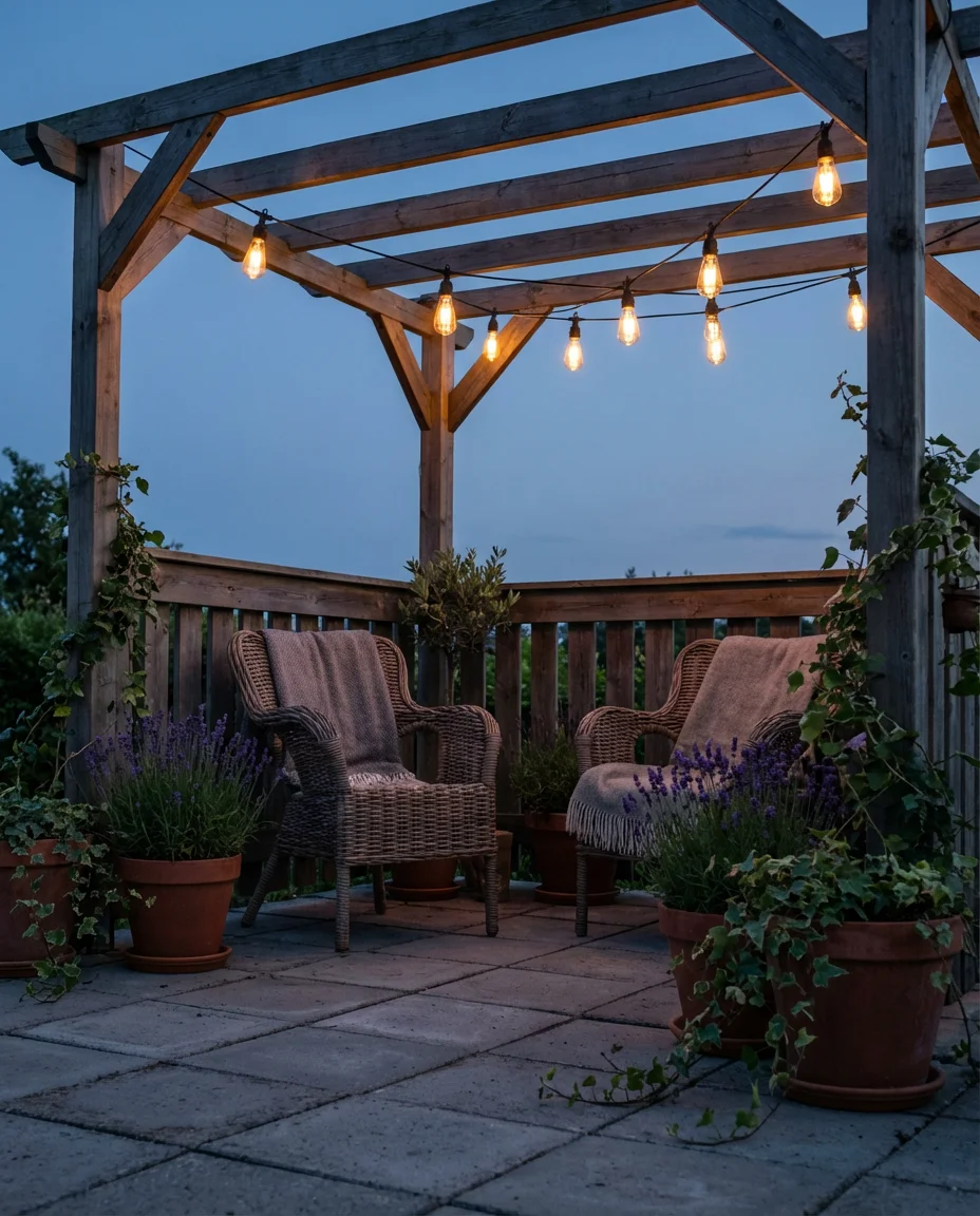 Covered Patio With a Pergola and String Lights 2