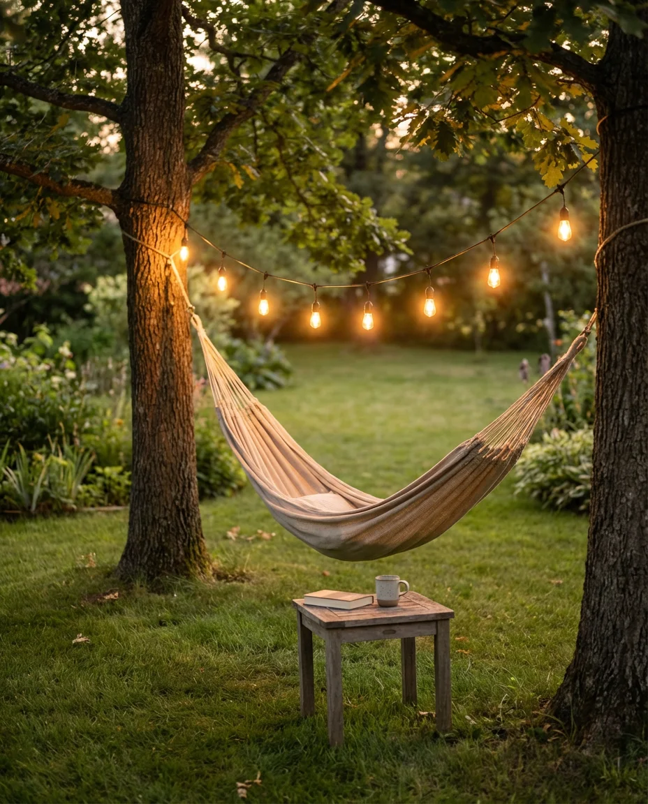 Cozy Backyard with String Lights and a Hammock 1