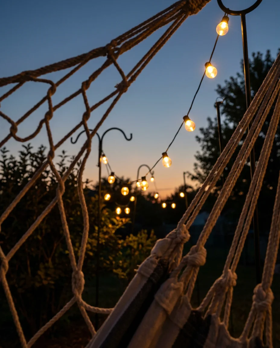 Cozy Backyard with String Lights and a Hammock 2