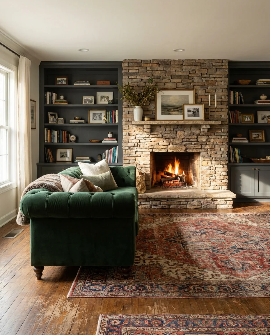 Cozy Fireplace Nook With Stone and Velvet 1