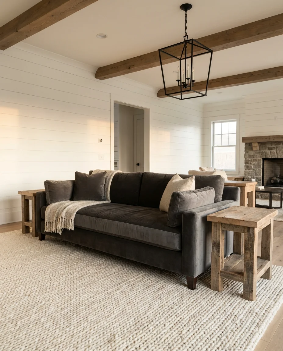 Cozy Modern Farmhouse With a Gray Couch 1