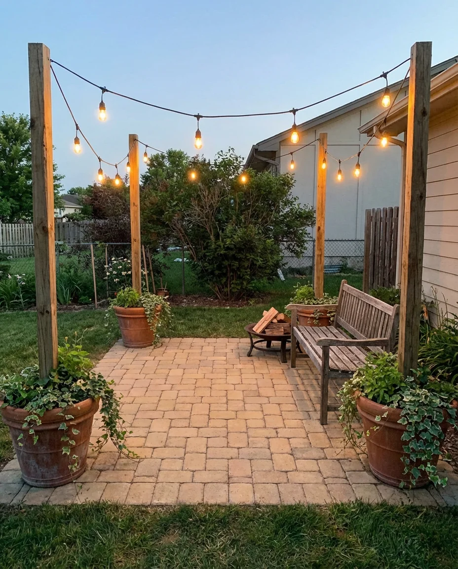 DIY Paver Patio With String Lights and Planters 1