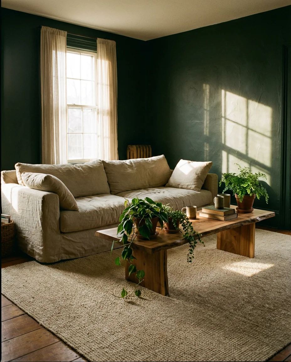 Dark Green Walls With an Organic Linen Sofa 1