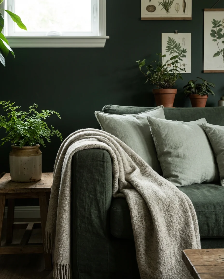 Dark Green Walls With an Organic Linen Sofa 2