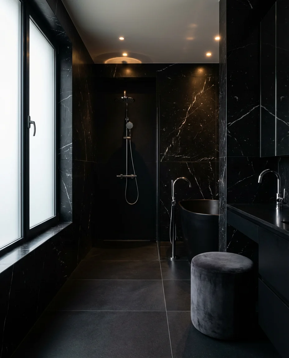Dark Luxury Bathroom with Black Marble and Velvet Accents 1