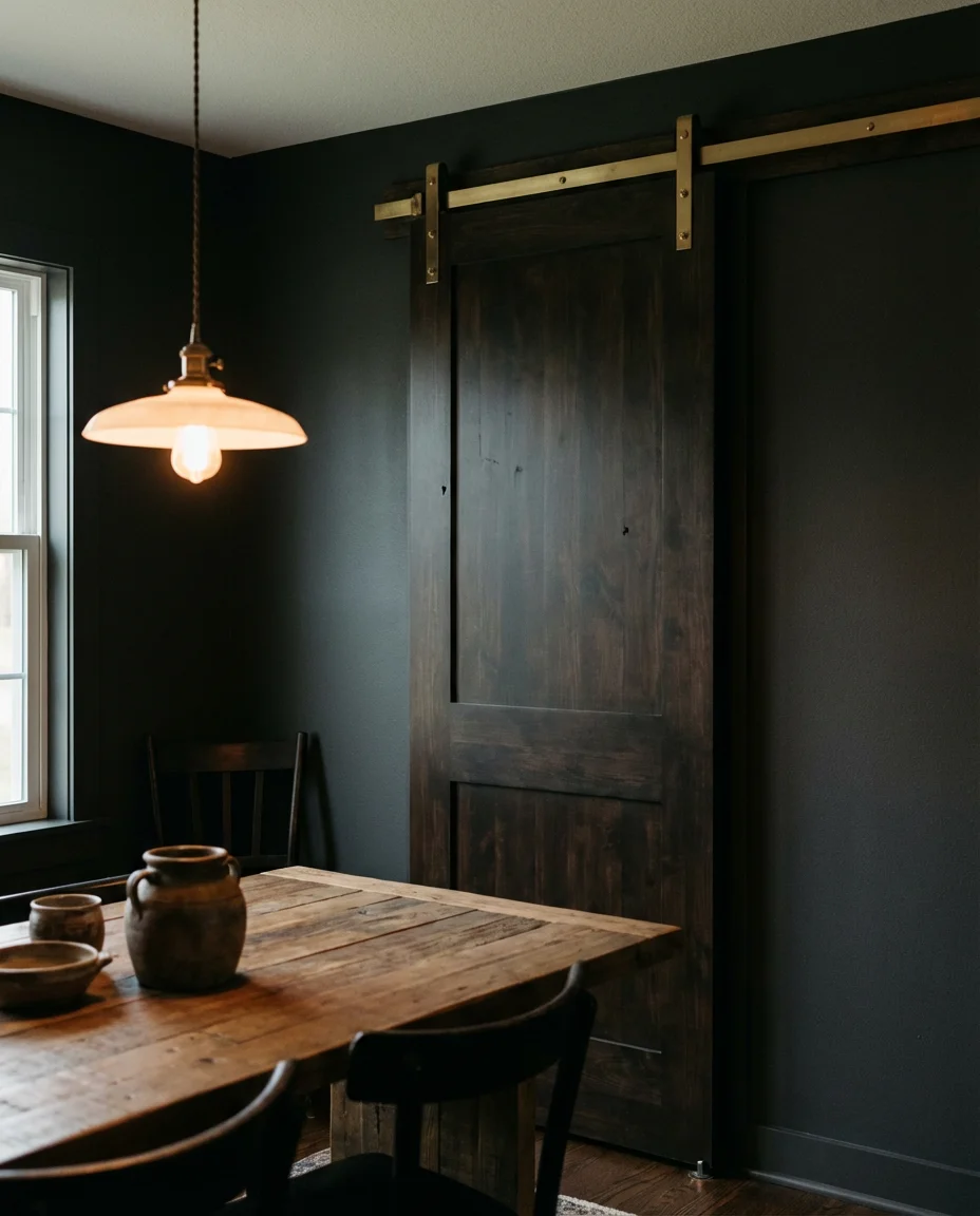 Dark Stained Barn Door in a Moody Dining Room 1