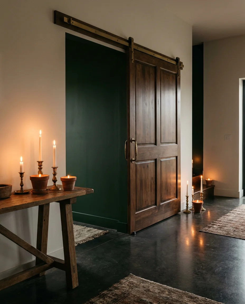 Dark Stained Barn Door in a Moody Dining Room 2