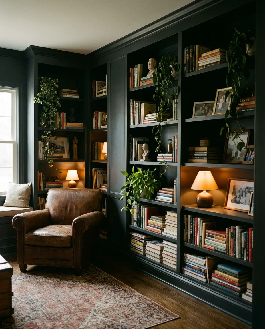 Dark and Cozy With Maximalist Bookshelf Styling 1