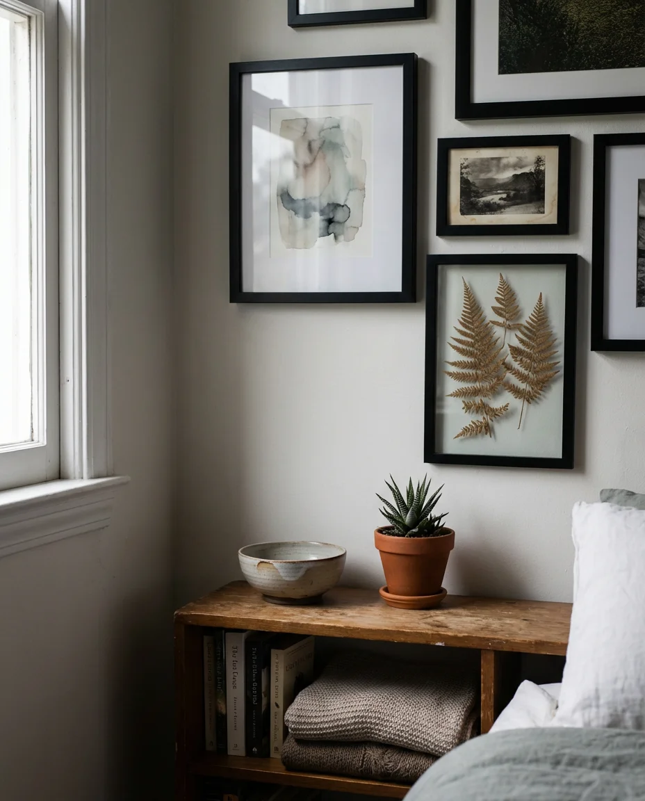 Decor-Forward Small Bedroom with Gallery Wall and Curated Objects 2