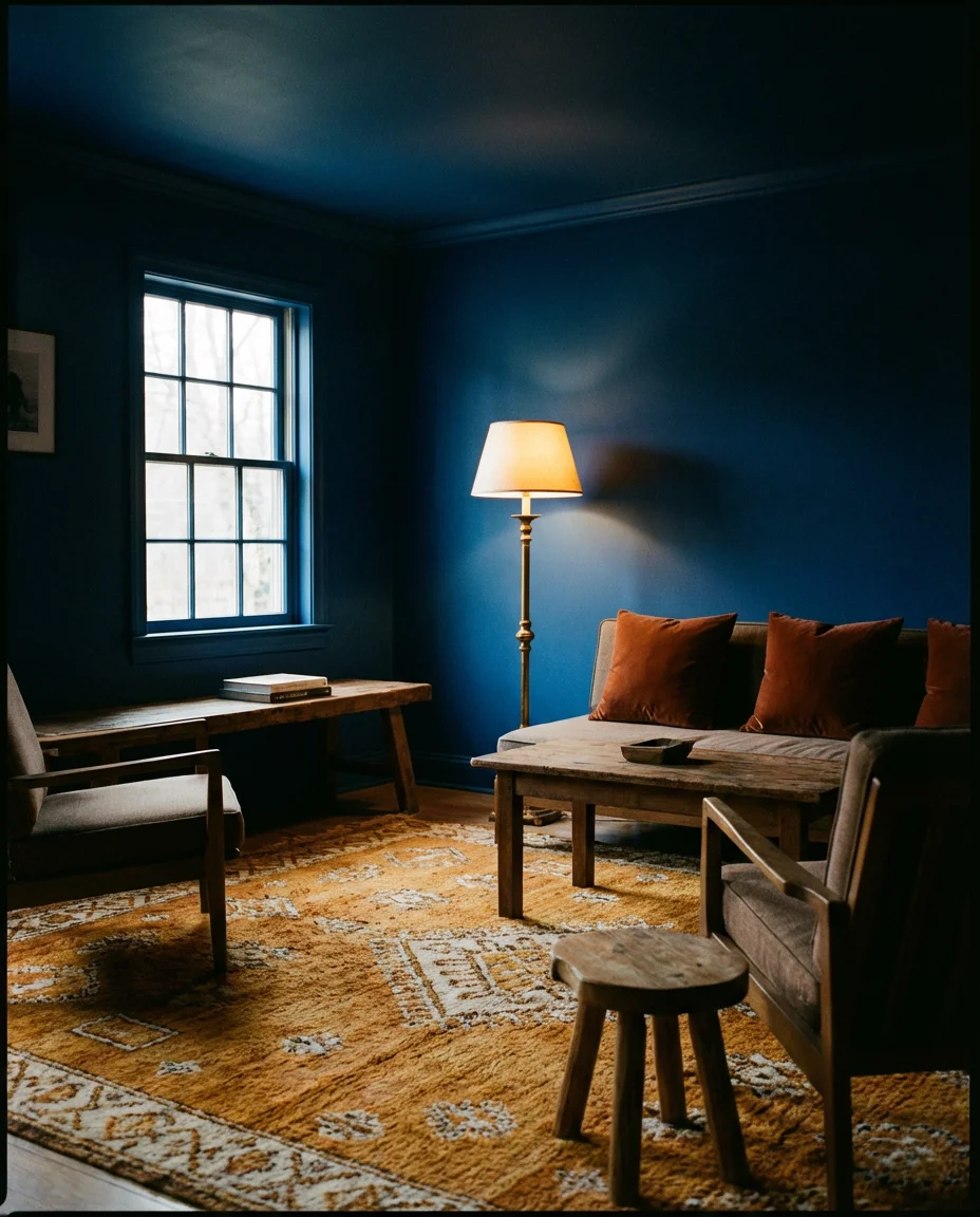 Deep Blue Living Room With Layered Textiles 1