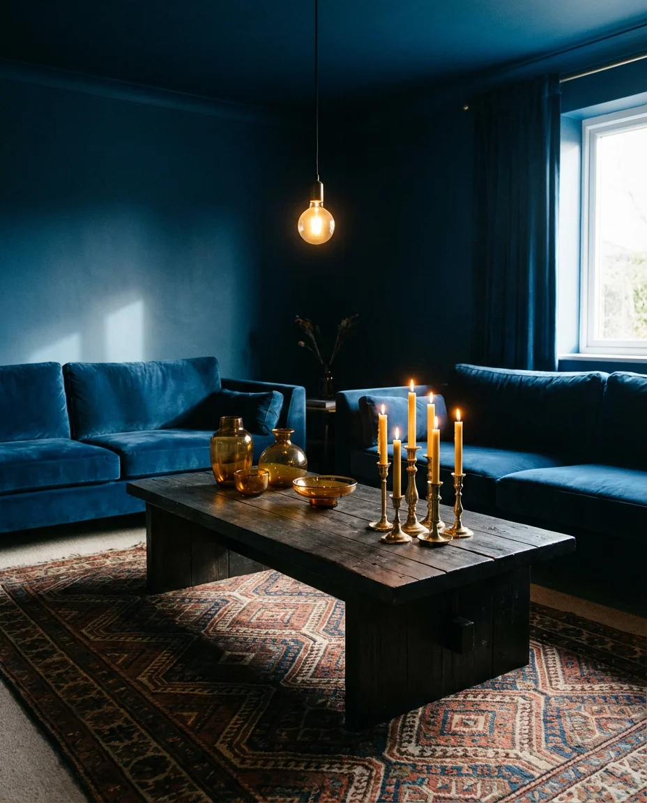 Deep Blue Living Room With Layered Textiles 2