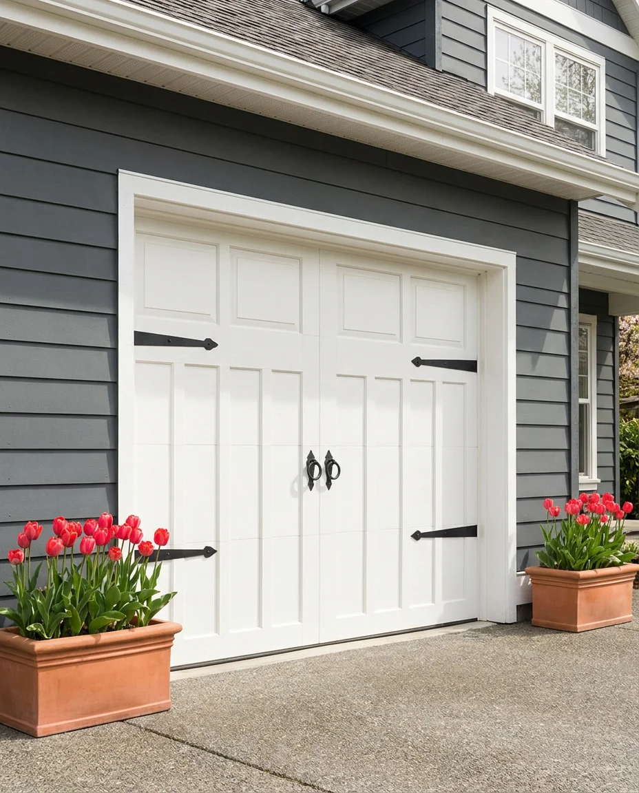 Double Garage Door in White with Black Hardware 1