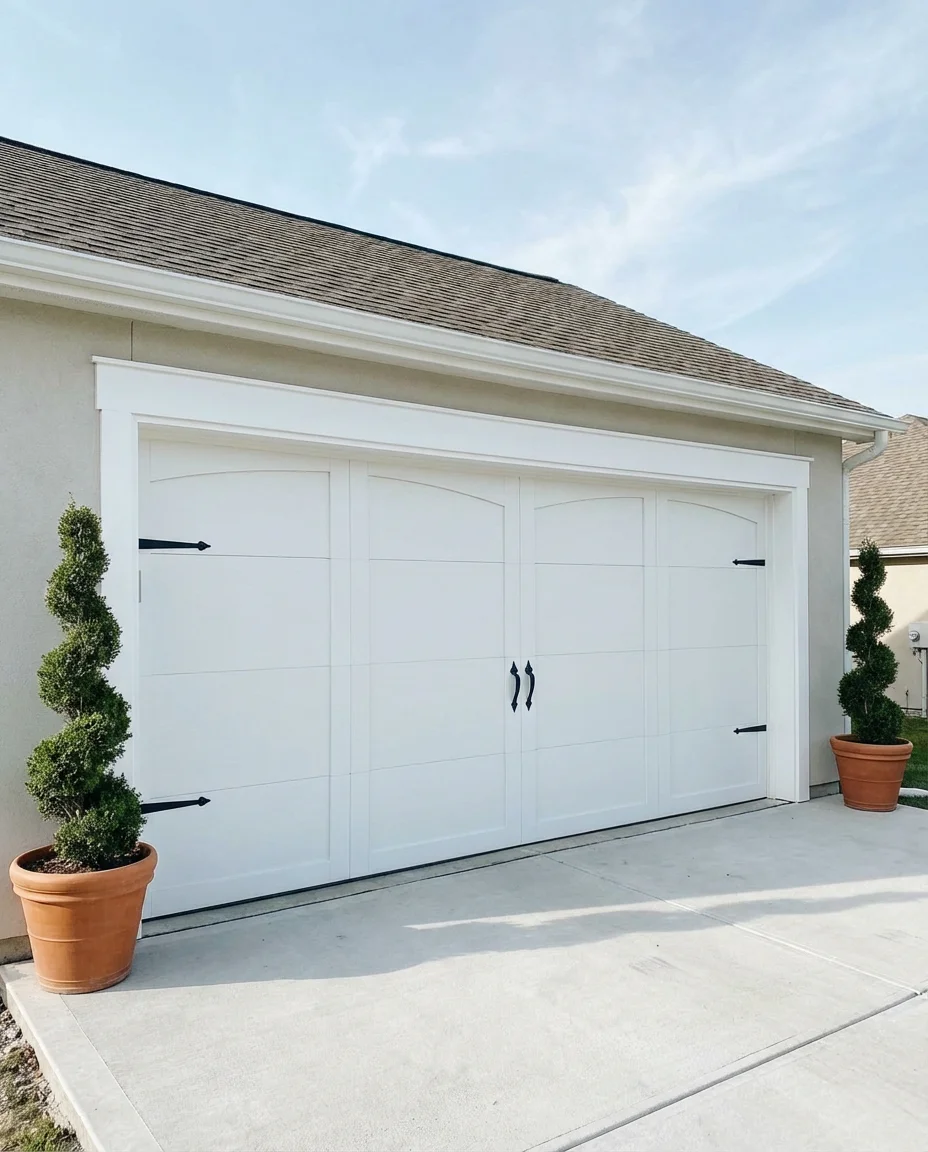 Double Garage Door in White with Black Hardware 2