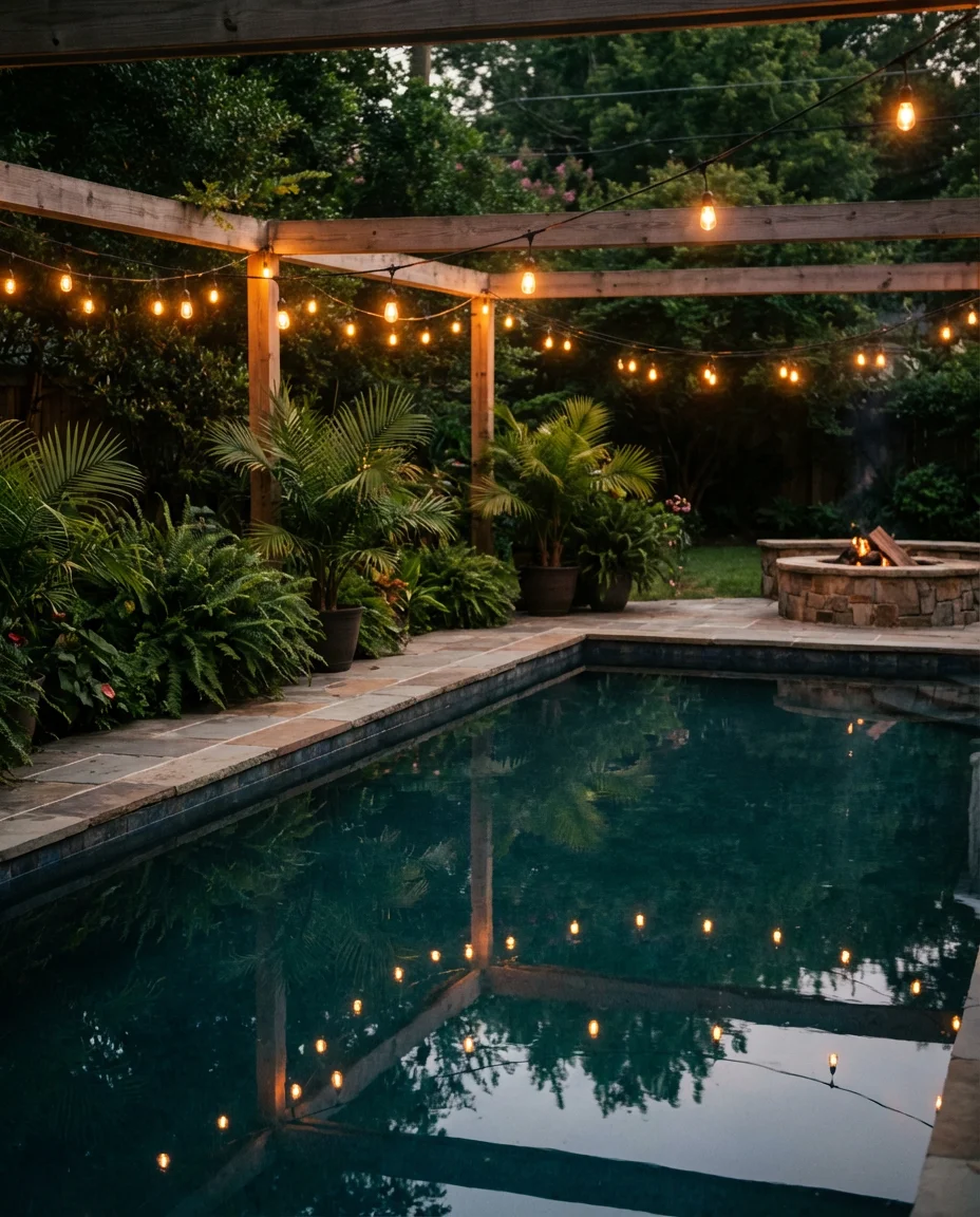 Dreamy Backyard with Pool and String Lights 1