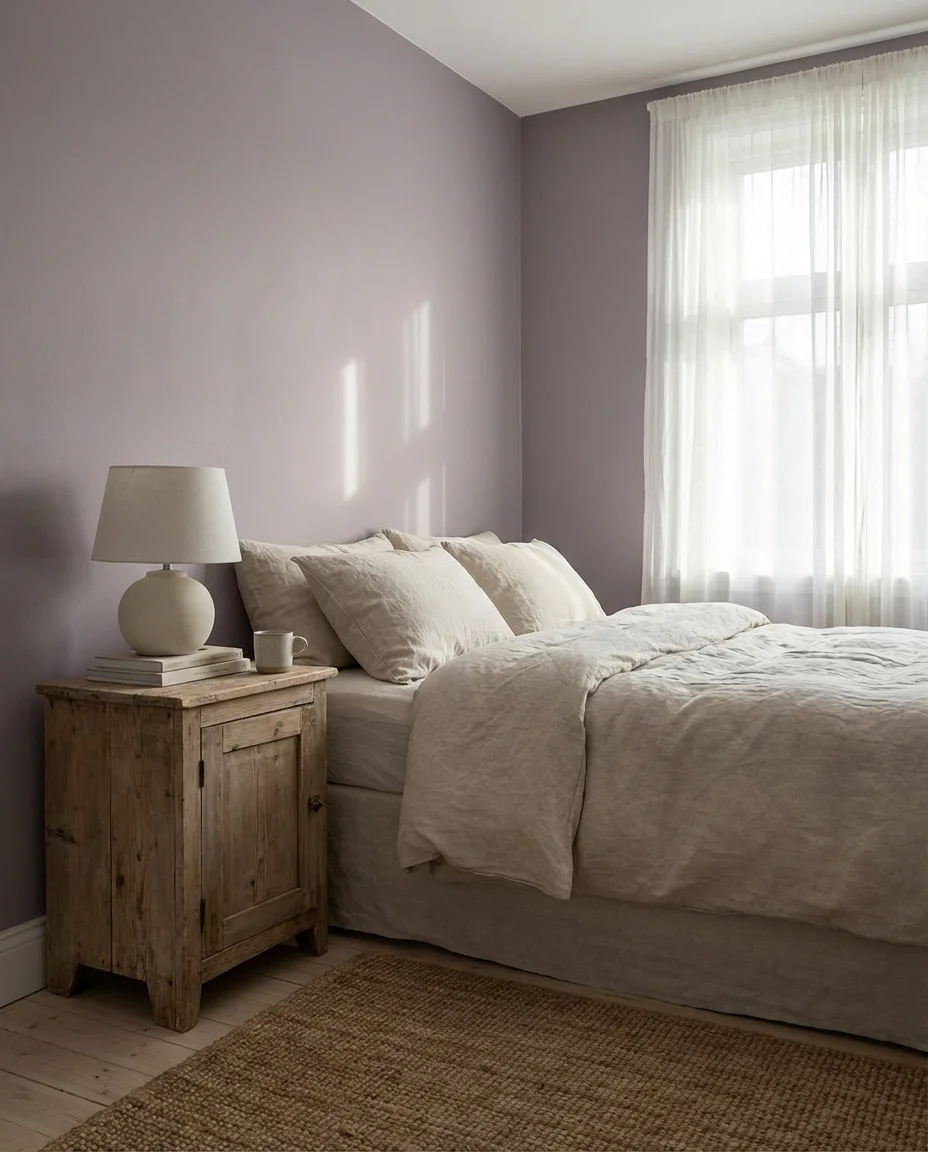 Dusty Lavender Walls with Linen Bedding 1