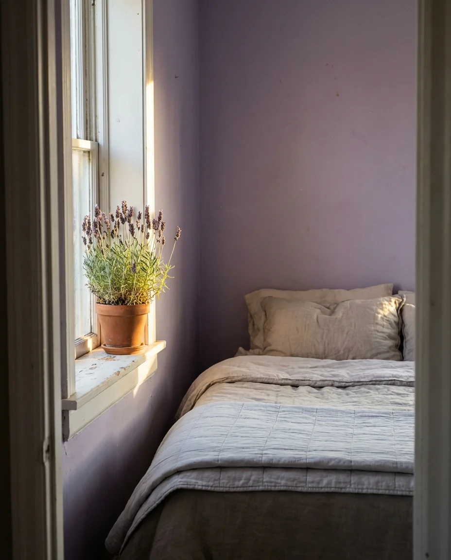 Dusty Lavender Walls with Linen Bedding 2