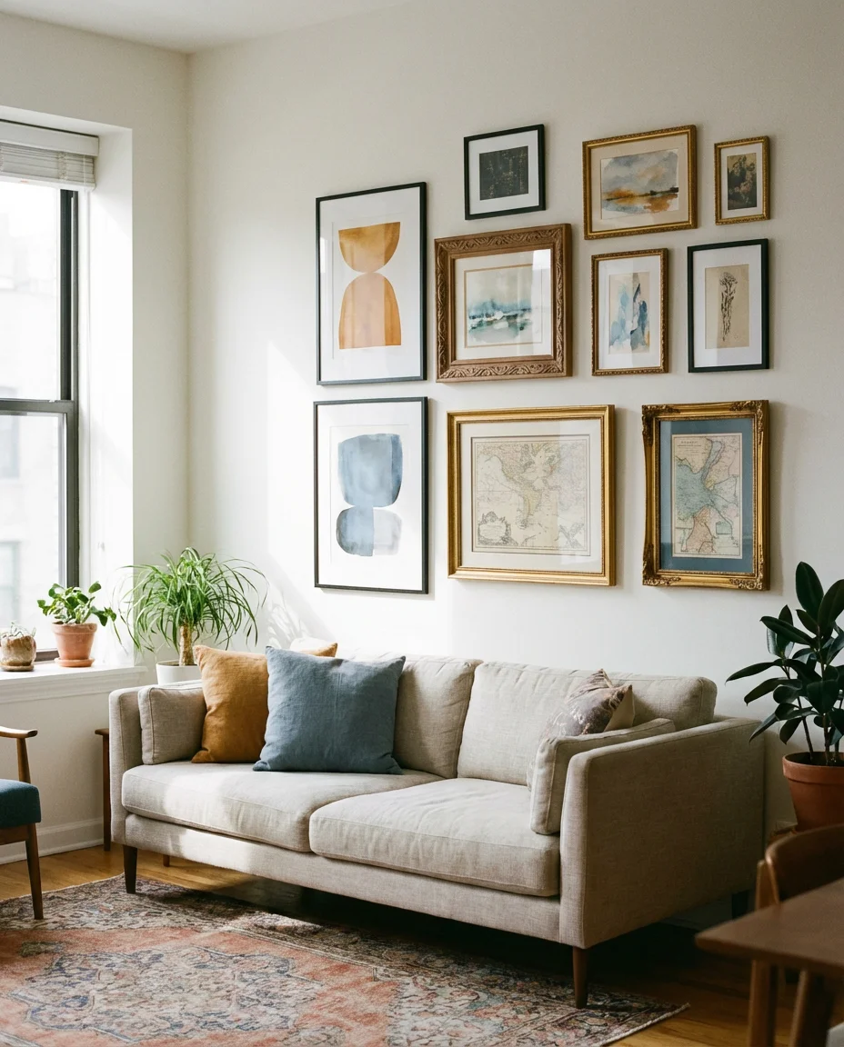 Eclectic Living Room Gallery with Mixed Frames 1