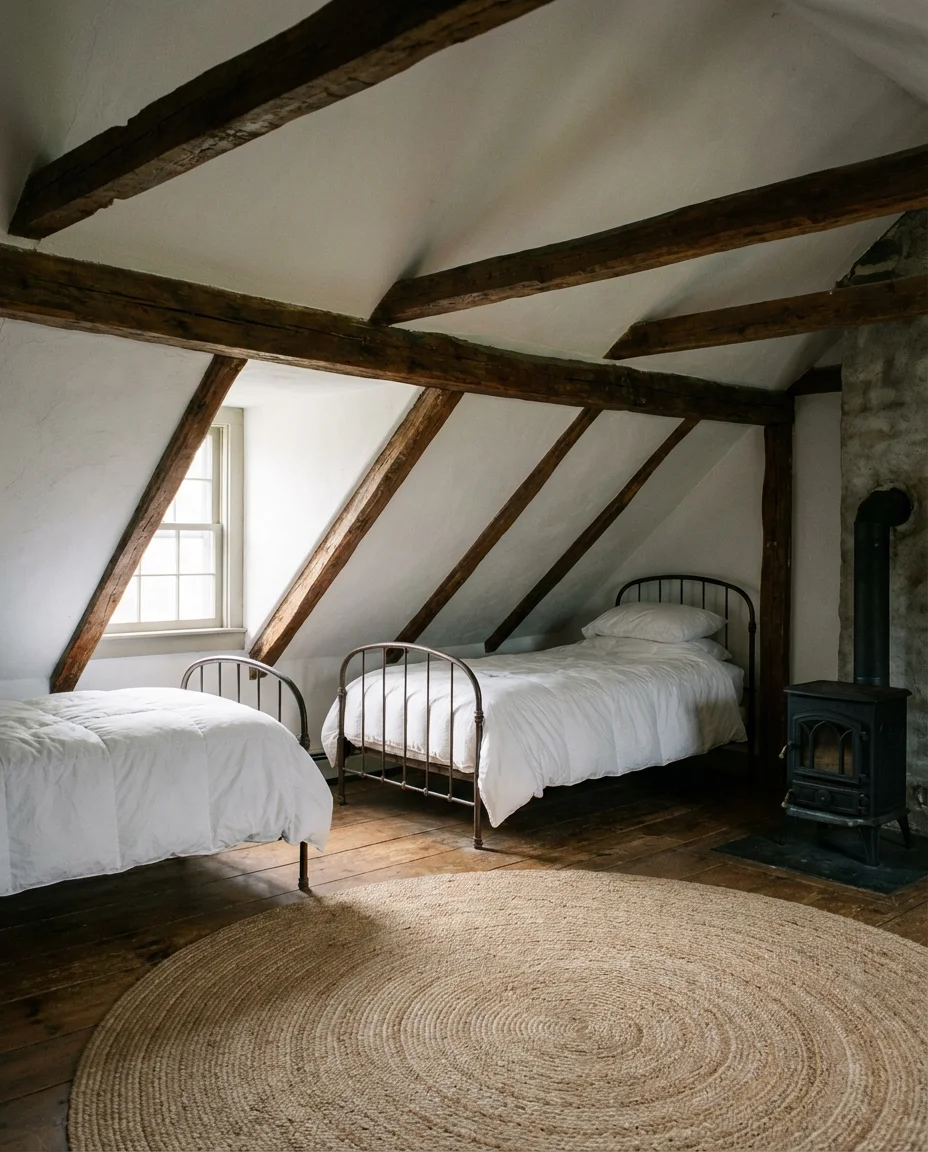 Farmhouse Attic Twin Bedroom With Exposed Beams 1