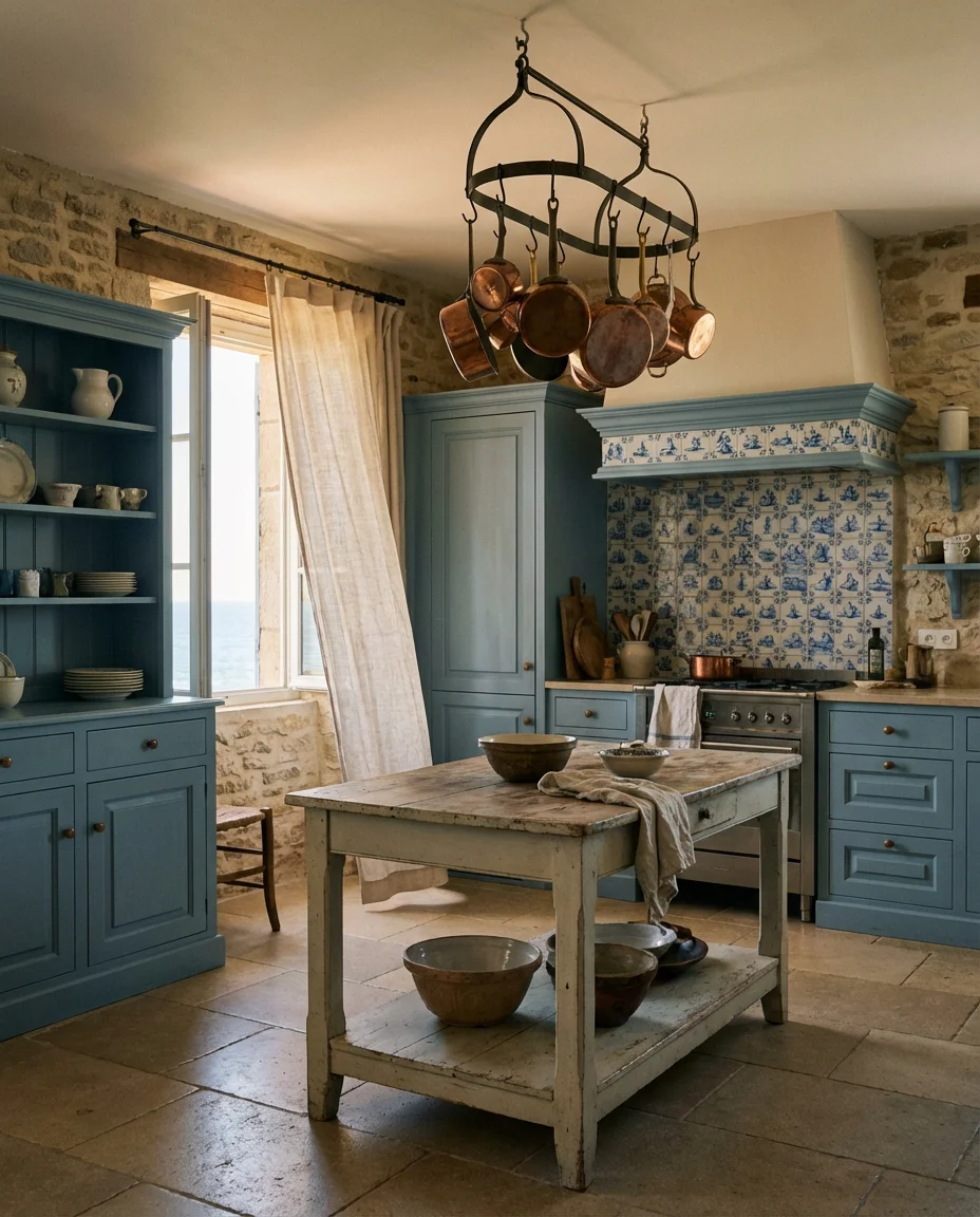French Coastal Kitchen with Vintage Charm 1