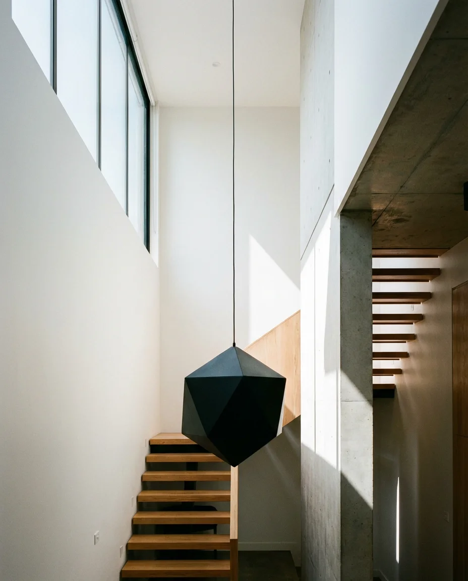 Geometric Metal Pendants for a Modern Staircase Hall 1