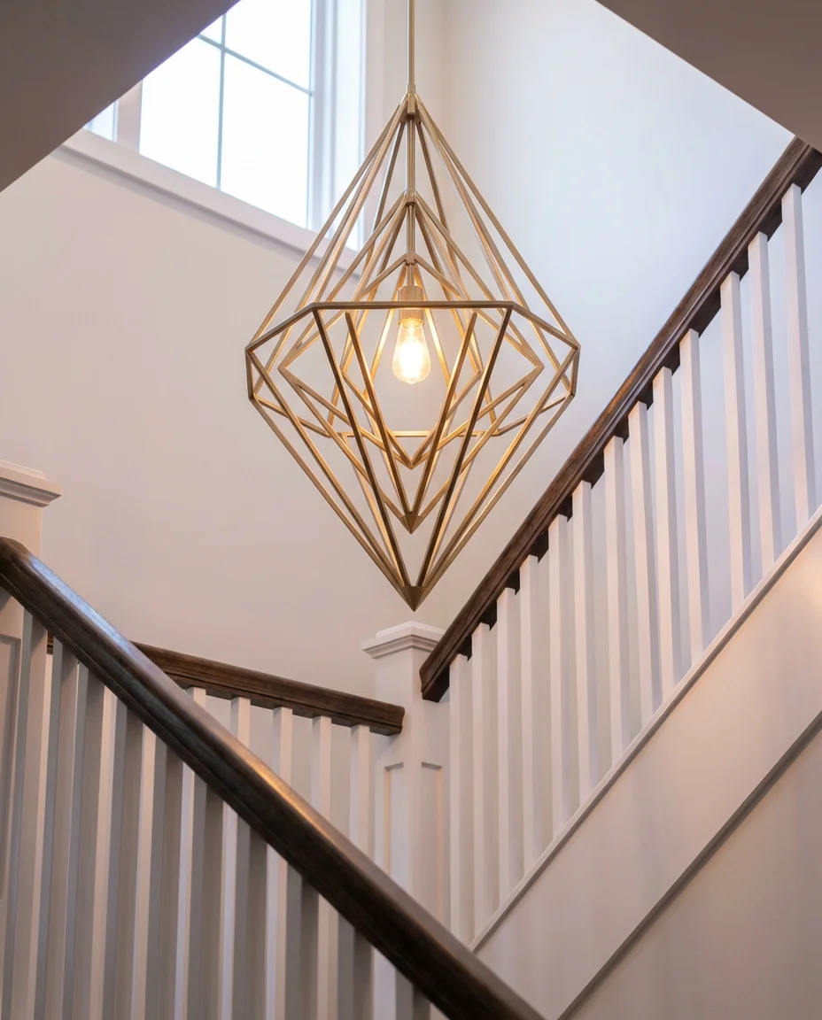 Geometric Metal Pendants for a Modern Staircase Hall 2