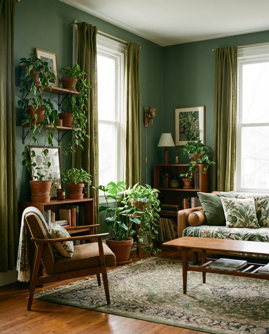 Green Living Room With Botanical Accents 1