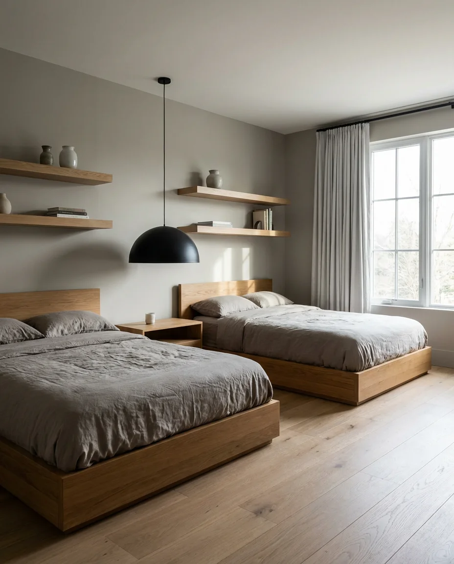 Grey and Wood Twin Bedroom With Quiet Sophistication 1