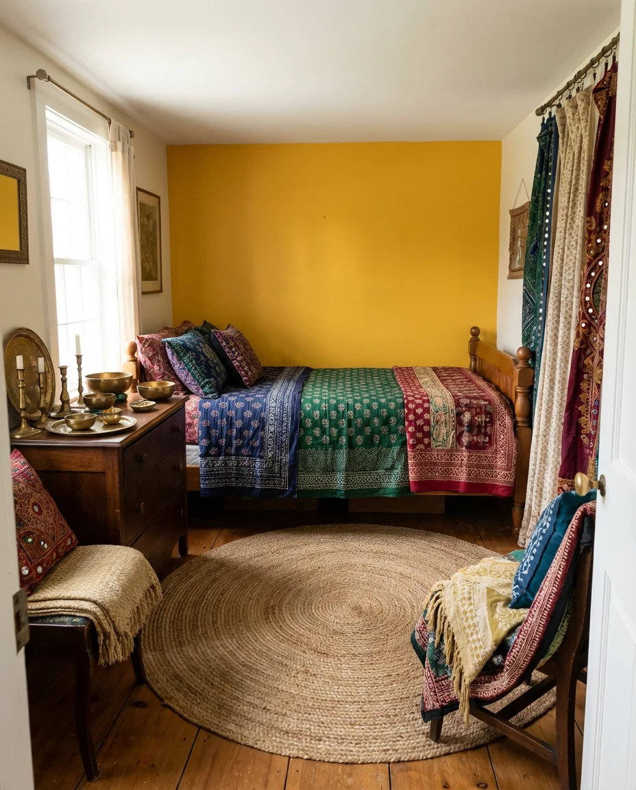 Indian-Inspired Small Bedroom with Bold Color and Textile Richness 1