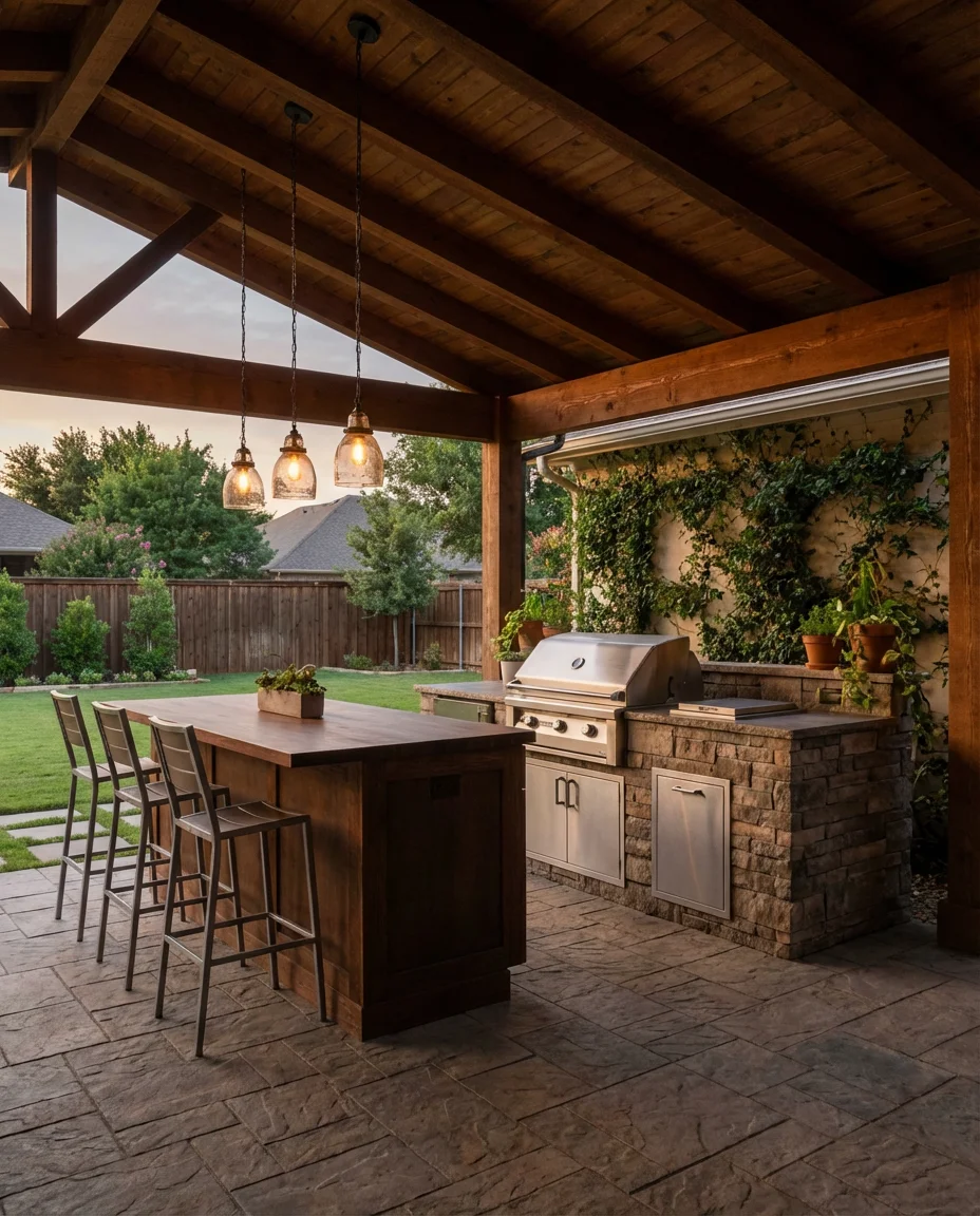 Kitchen Patio With Bar Seating and Overhead Cover 1