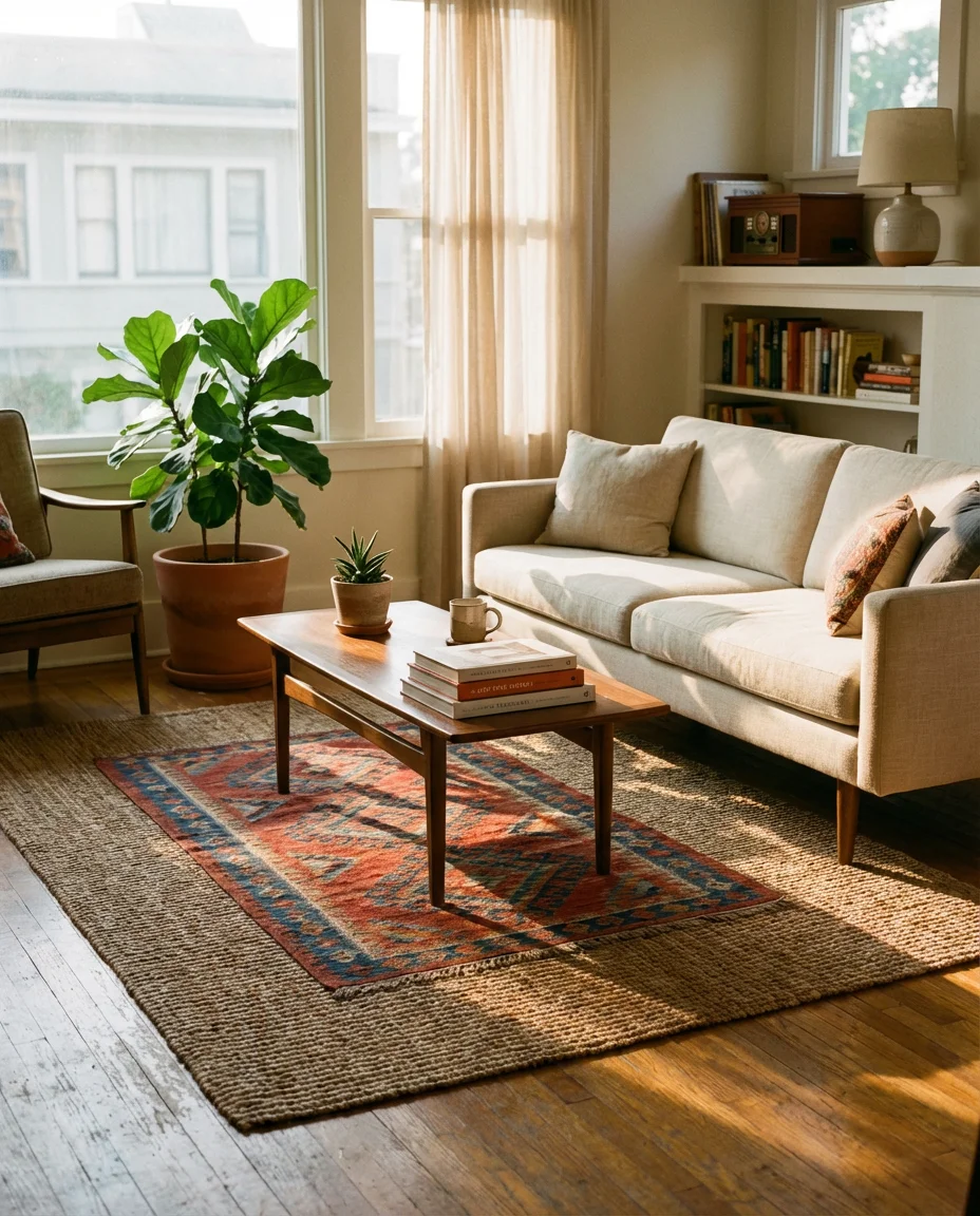 Layered Boho Rugs on Hardwood Floors 1