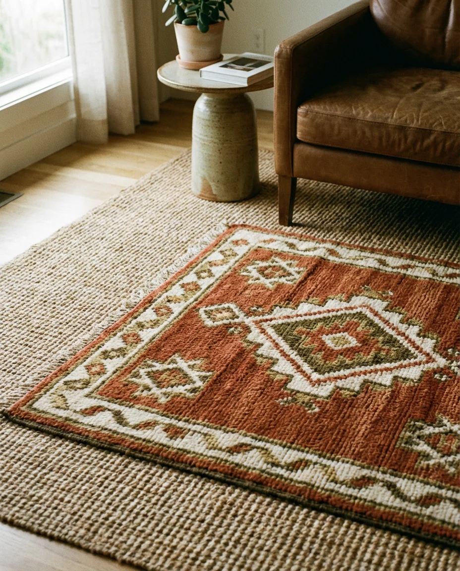 Layered Boho Rugs on Hardwood Floors 2