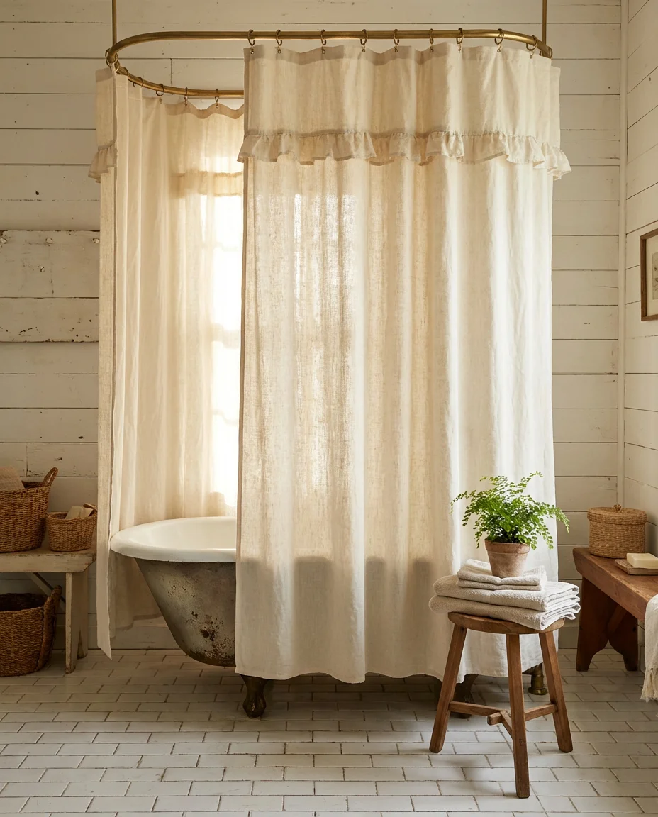 Linen Shower Curtain With Ruffled or Raw Edge 1