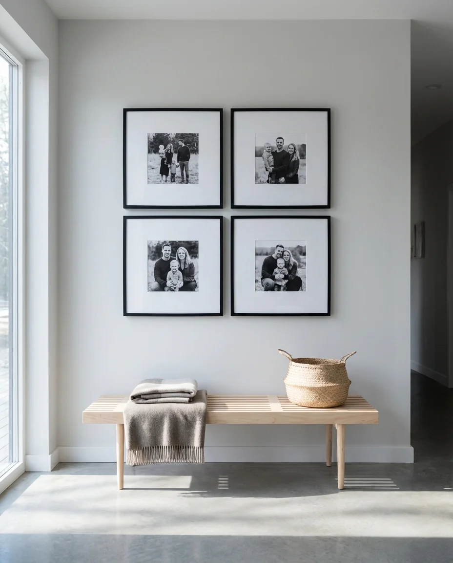 Minimalist Family Photo Grid in a Modern Entryway 1