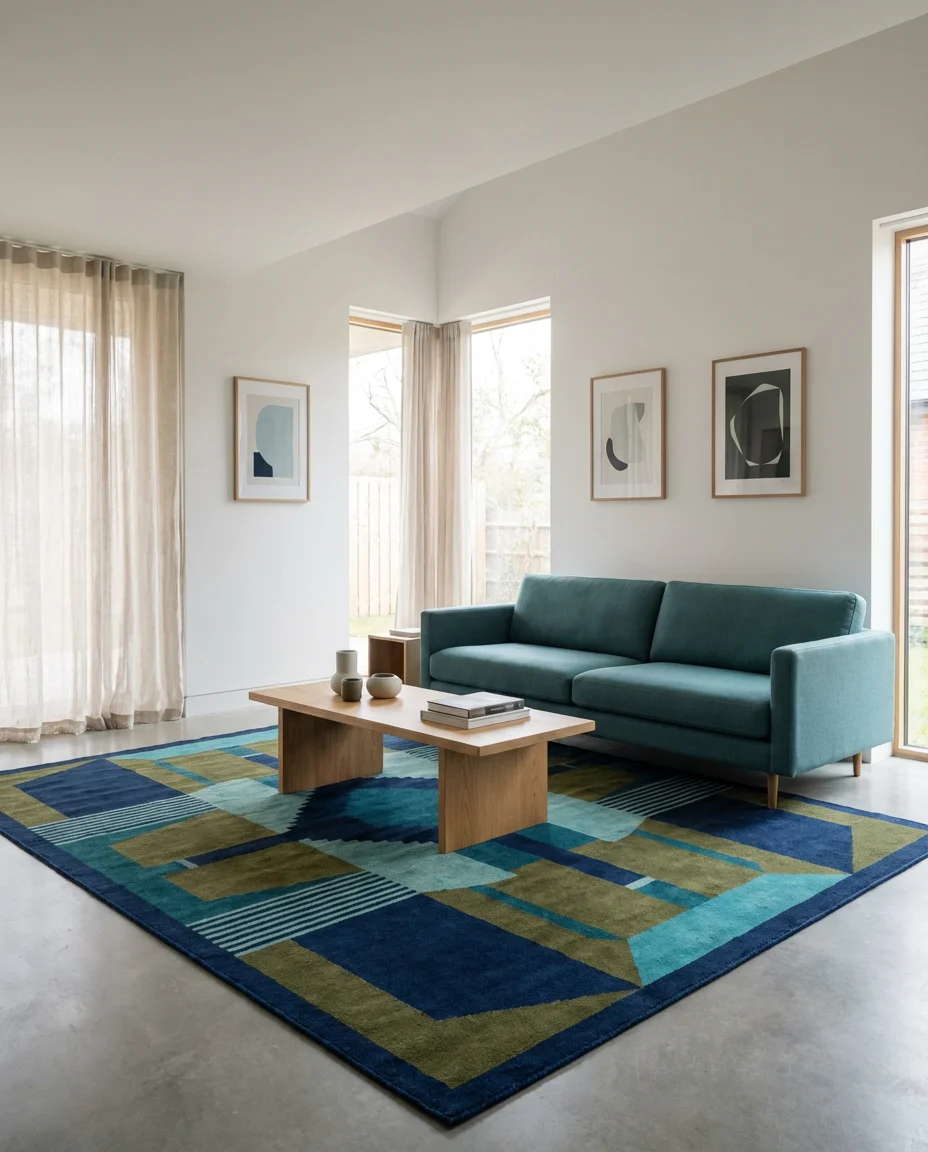 Modern Blue and Green Color Scheme with Geometric Rugs 1