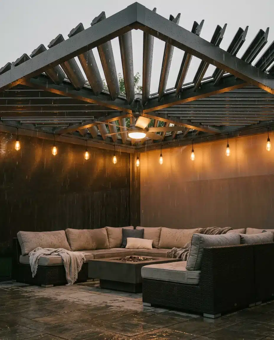 Modern Covered Patio With Pergola and Outdoor Fan 1