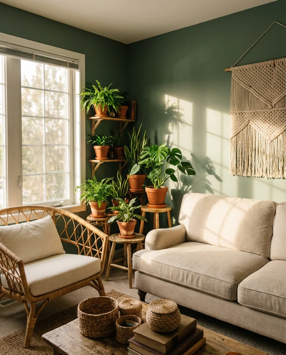 Moody Green Living Room With Natural Textures 1