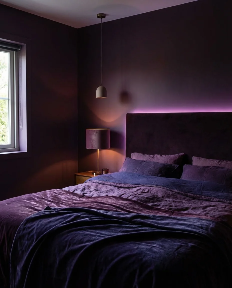 Moody Purple Bedroom with Ambient Lighting Design 1
