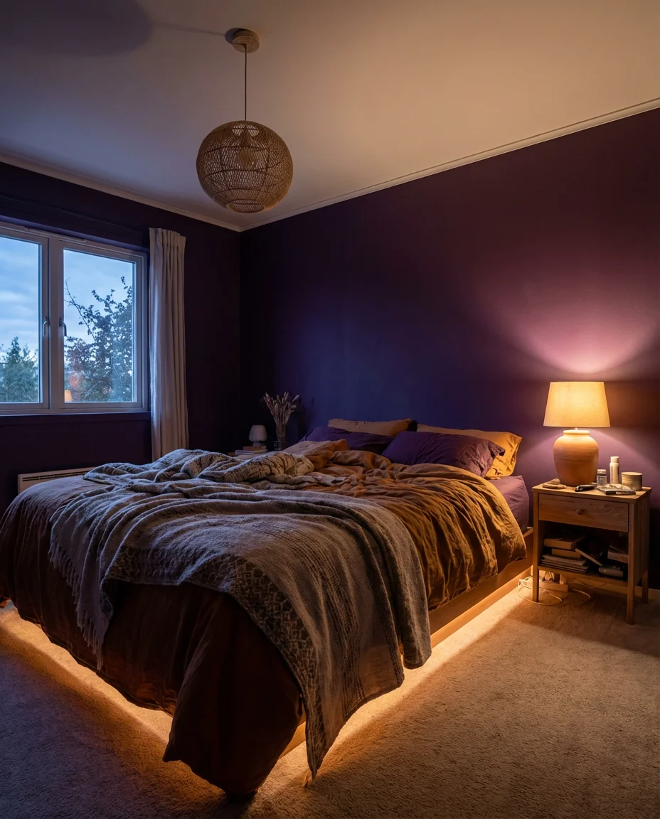 Moody Purple Bedroom with Ambient Lighting Design 2
