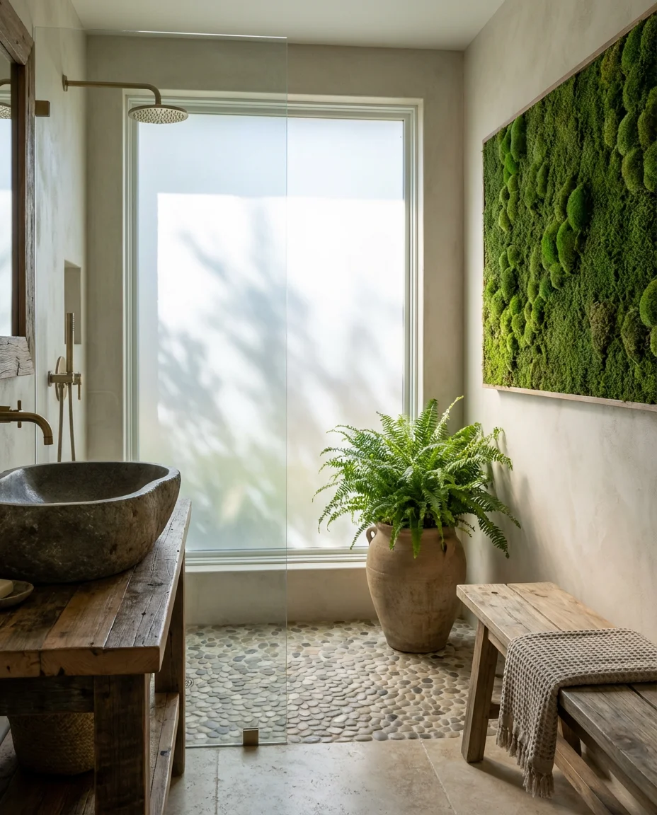 Nature-Forward Bathroom with Live Plants and Stone 1