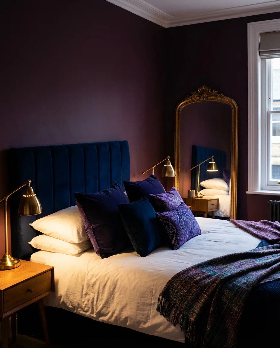 Navy and Purple Bedroom with Velvet Textures 1
