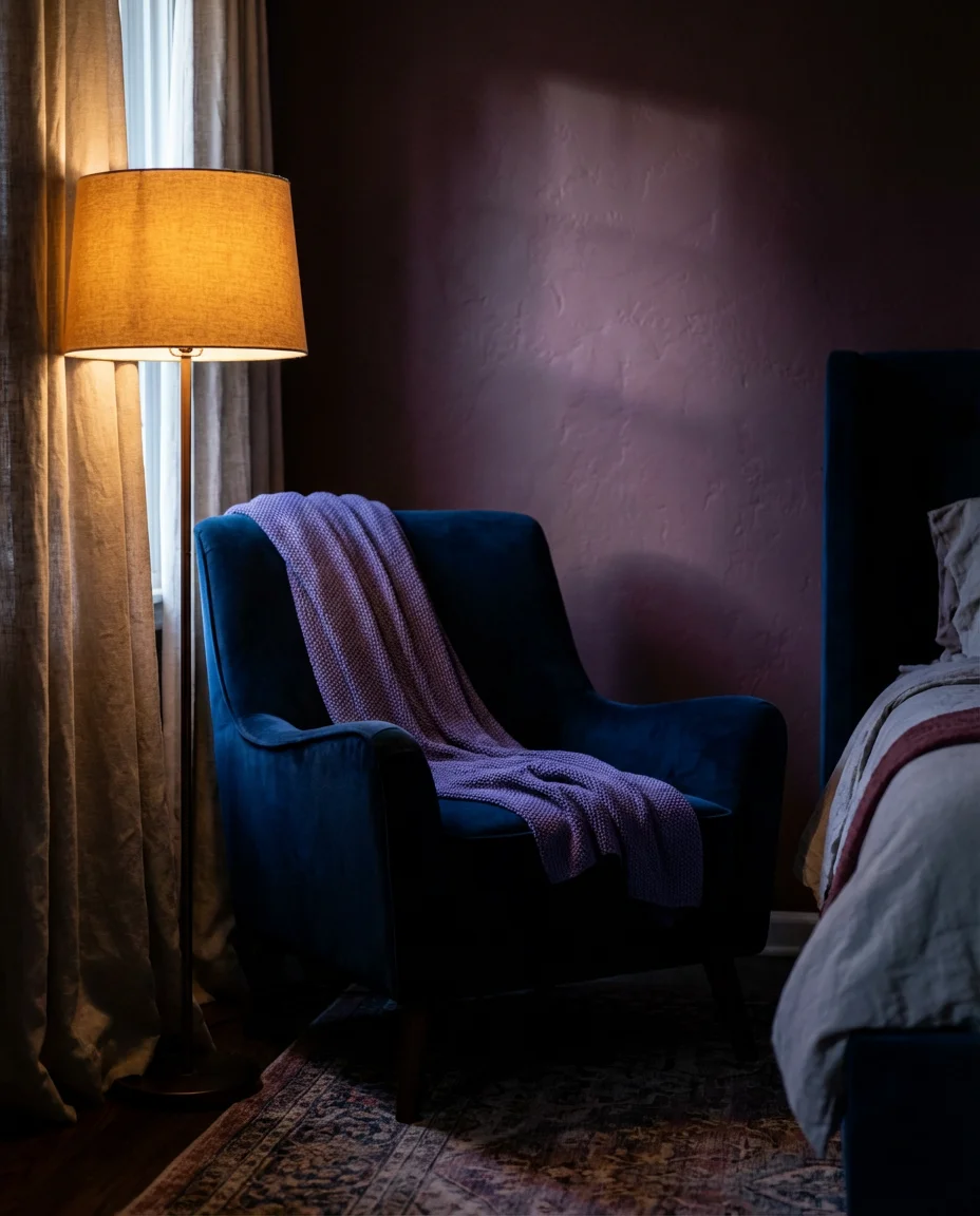 Navy and Purple Bedroom with Velvet Textures 2