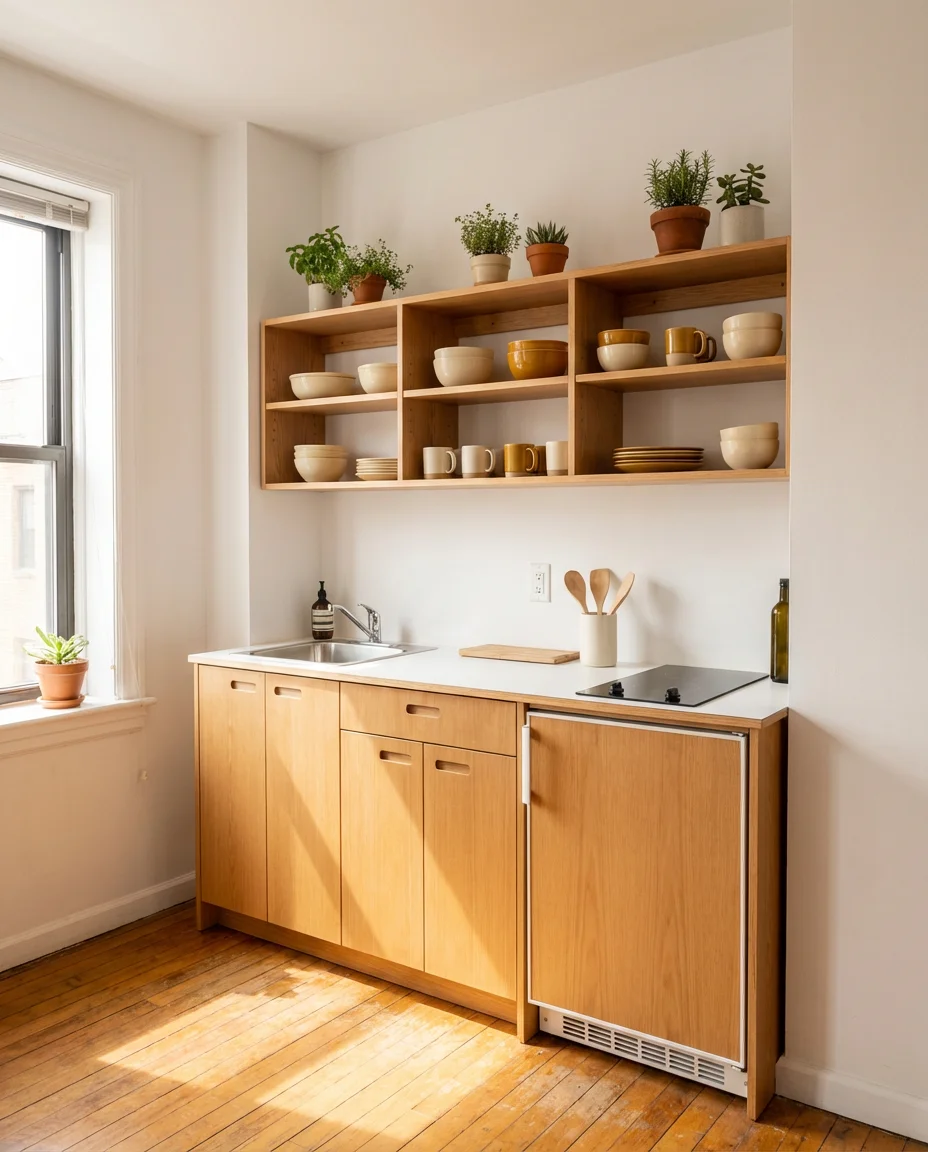 One-Wall Layout With Open Shelving 1